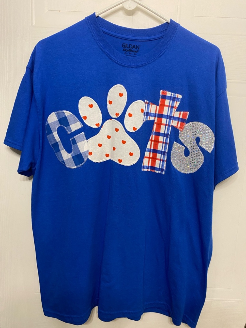 Upcycled Gildan Blue Cat Lover Graphic Tee with Paw and Plaid Letters